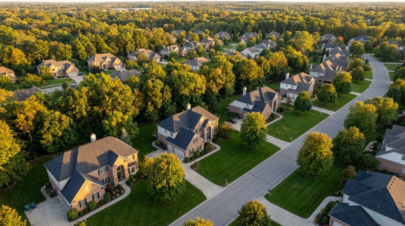 Aerial view of new roofs in a Macomb County neighborhood