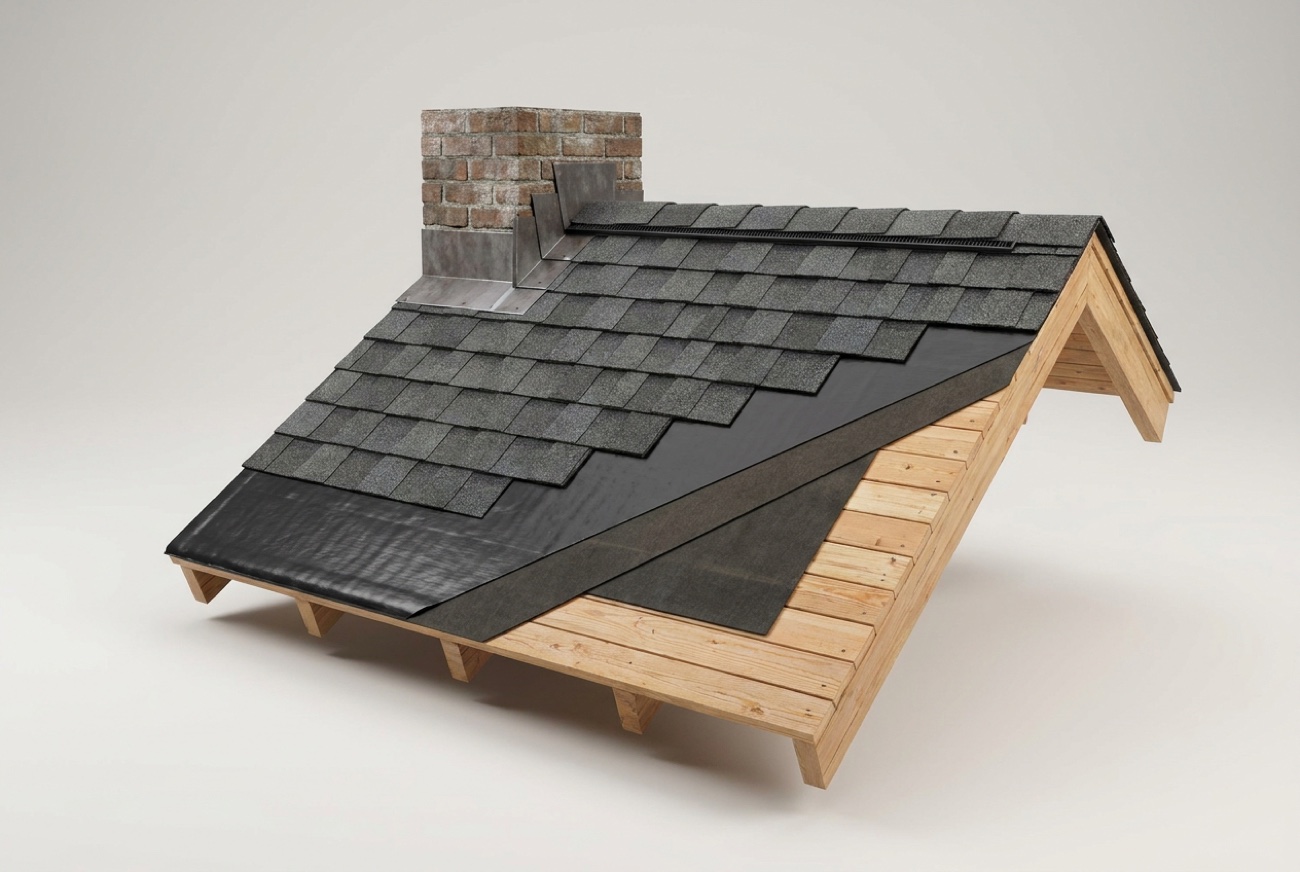 Cutaway of a roofing system showing the wood deck, underlayment, ice and water shield, shingles, chimney flashing and ridge