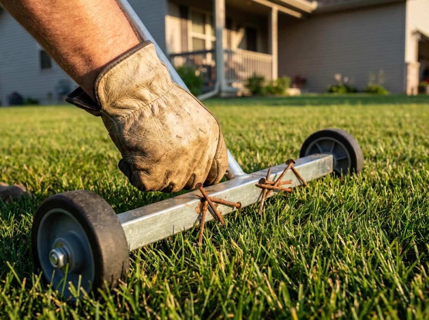 Work-gloved hand rolling a magnetic sweeper over a lawn, collecting stray roofing nails