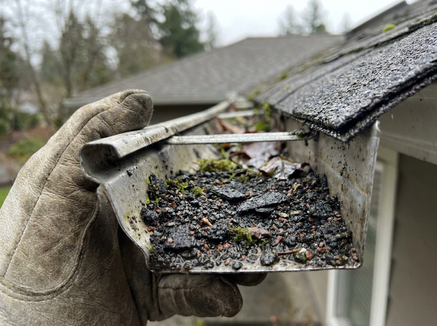 Gutter section filled with dark asphalt shingle granules, held in a gloved hand