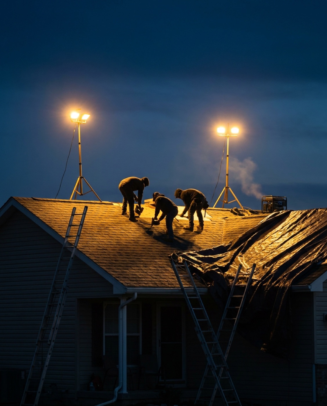 Roofing crew working on a suburban roof at dusk under amber work lights, tarps and ladders in place