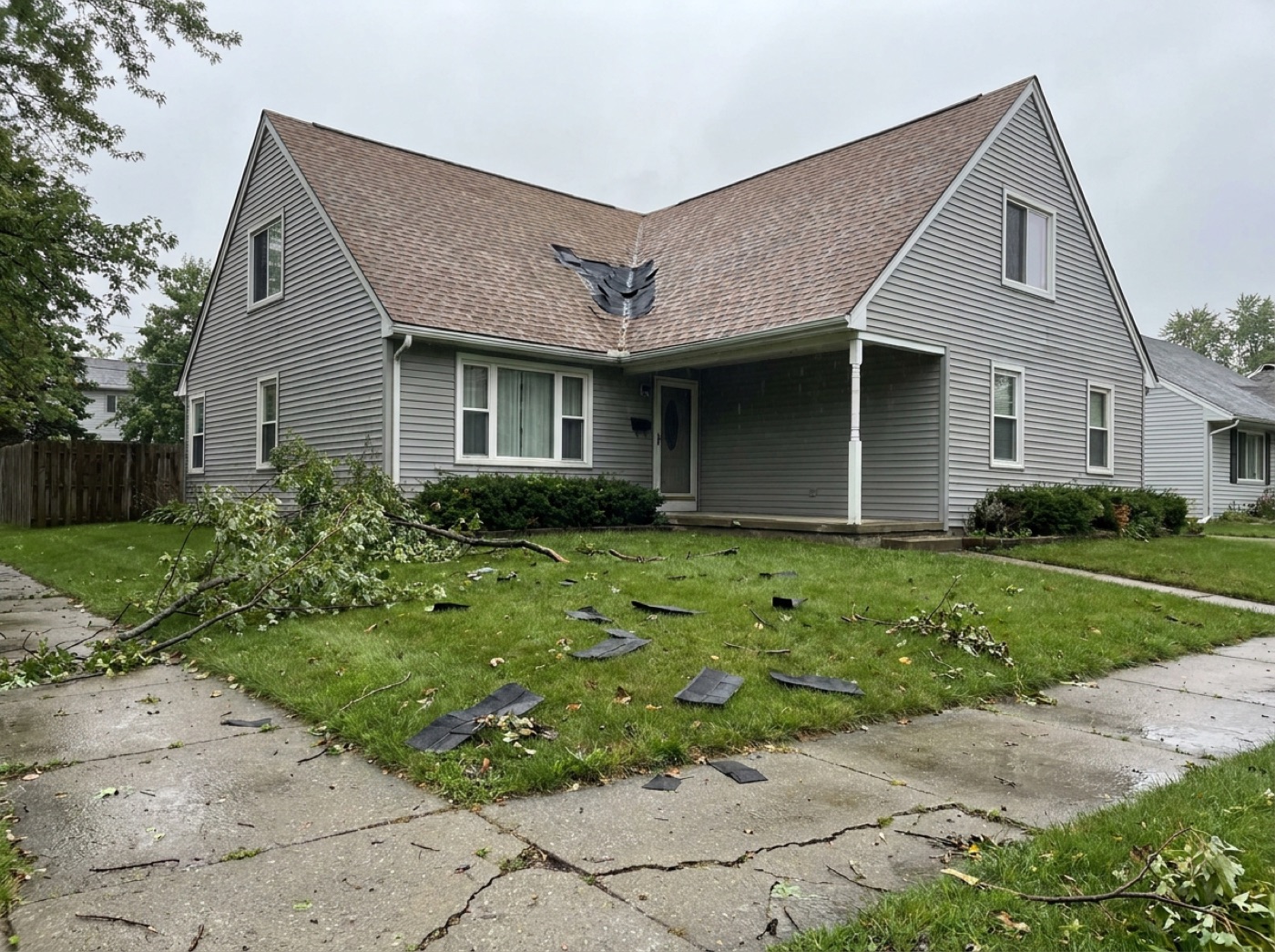 Wind-damaged asphalt shingle roof after a Michigan storm